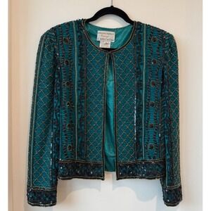 Adrianna Papell Beaded Sequins Silk Vintage 90s Evening Bolero Jacket Sz L Glam